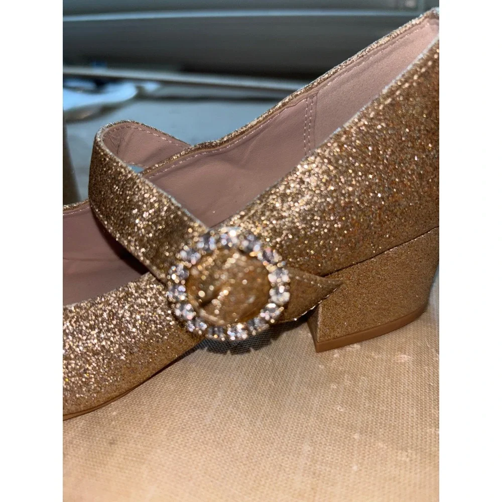 Mary Jane Shoes Girls 2 Gold Excellent Glitter‎ Rhinestone Block Heel